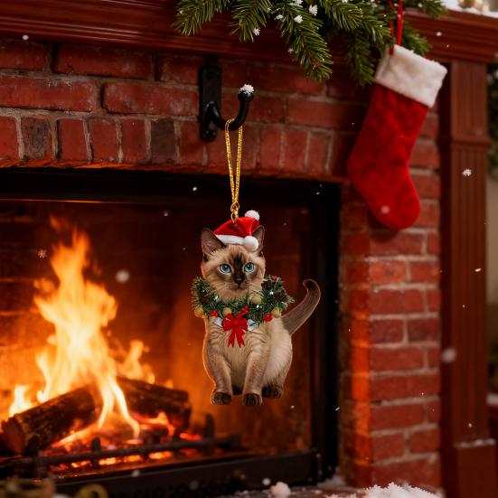 Christmas Pendant 2D Acrylic Cat Wearing Xmas Wreath Charm Car Hanging Ornament Home Office