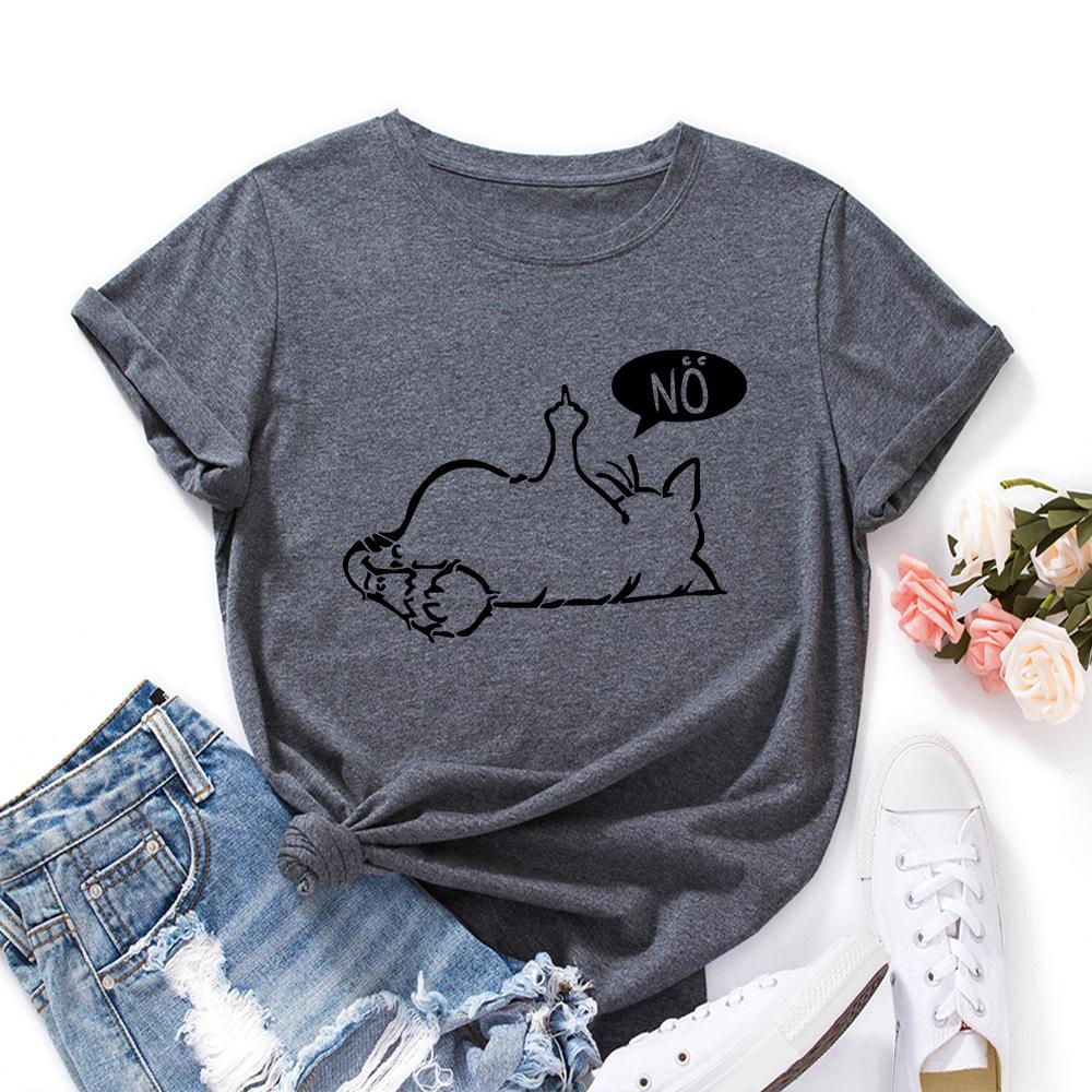 Cat No Cartoon Pattern Cotton T-Shirt Short Sleeve Round Neck Women 2d Print Tops