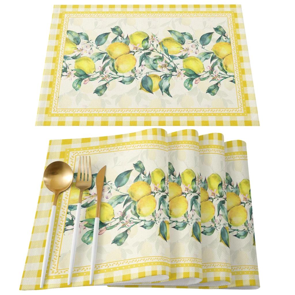 1PC Lemon Idyllic Plaid Fruit Kitchen Dining Table Decor Accessories Placemat Heat Resistant Linen Tableware Pads Mats
