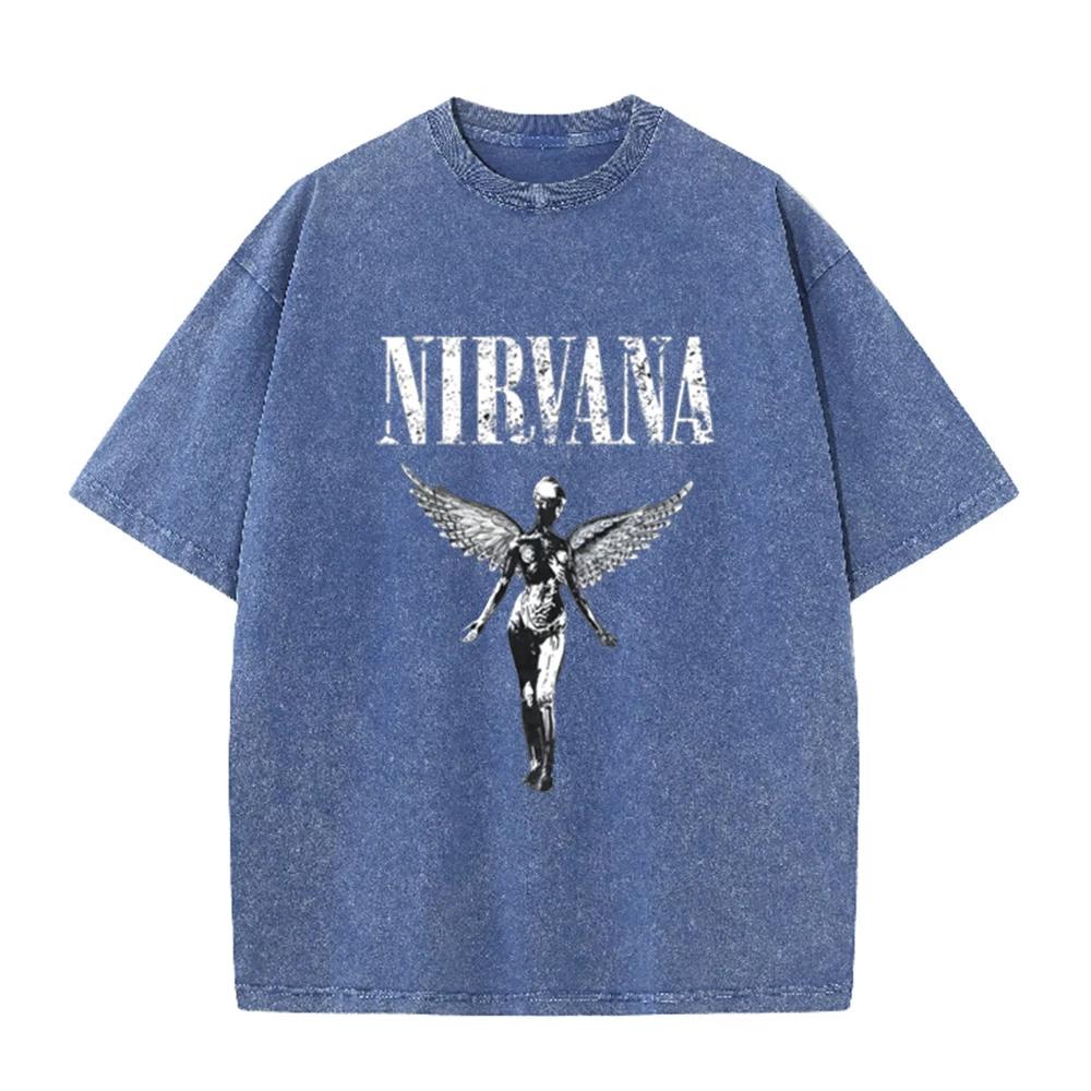 T-shirt Lavata Vintage Nirvana Punk Rock Angelo d'Argento Stampa Teschio Maniche Corte Larghe