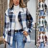 Women's Oversized Lapel Checked Shirt Jacket, Blue Plaid Long Sleeve Coat, Casual Outerwear