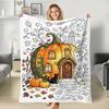 1pc Autumn Pumpkin Cottage with Black Cat Line Art Coloring Flannel Blanket Vintage Autumn Halloween Atmosphere Decorative Throw B