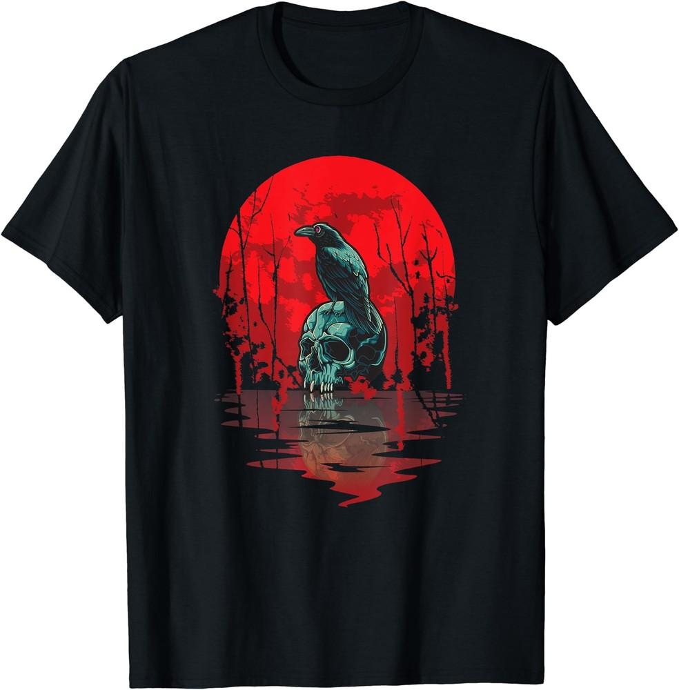 Gothic Raven Skull Red Moon Black Crow T-Shirt Size S-5XL Unisex T-Shirt XXXL