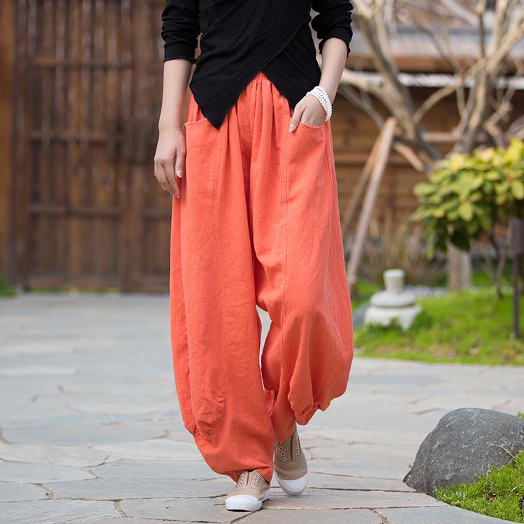 Dambyxor i Zen-stil av ramie, sandtvättade, med vida ben - Vår/Sommar, Casual, Hem- och Resplagg