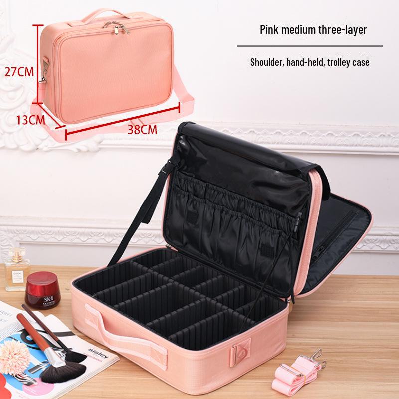 "Large Portable Pink Cosmetic Bag for Women - High-Capacity Makeup, Tattoo, and Nail Tool Storage"