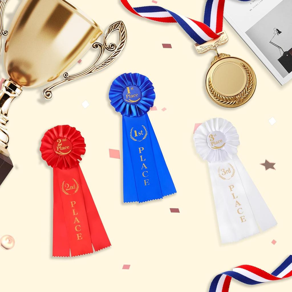 3PCS Award Ribbon Rosette Set, Blue Red White Participation Ribbon 1st 2nd 3rd Place Ribbons Ribbon Rosette Award Ribbons for Winners Spelling Bee