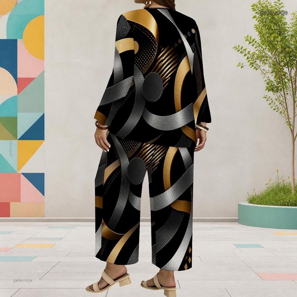 Women Plus Size Black Gold Silver Printed Round Neck Long Sleeve Top Wide Leg Pants Two Piece Set