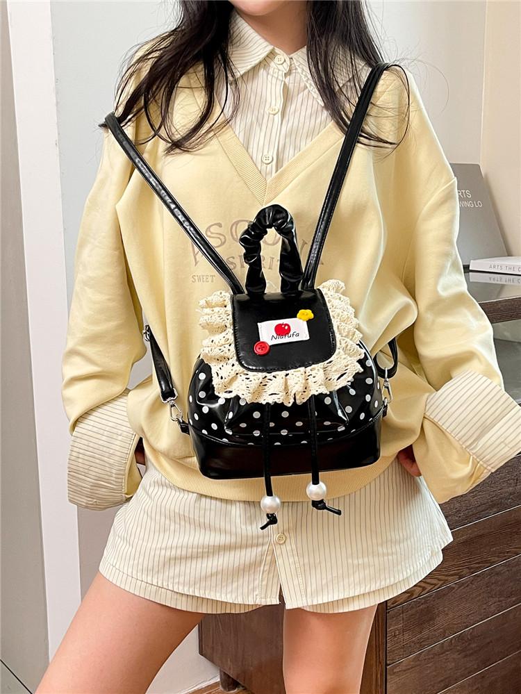 Korean Lace Mini Backpack Color Blocked Leather Dots Fashi Cute Small Backpack 2026 New Exquisite Texture Women's Backpack