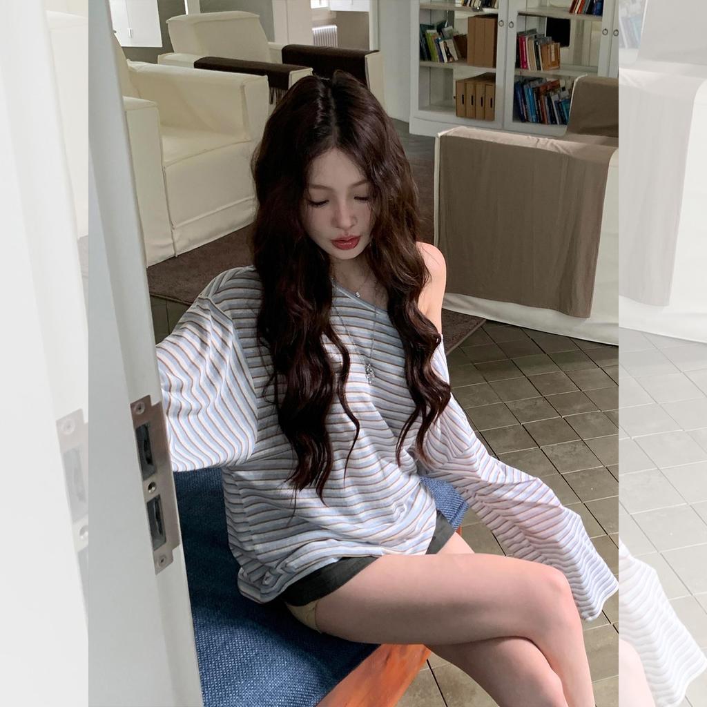 Back hollow striped sunscreen long-sleeved T-shirt women's summer lazy relaxation with loose thin top