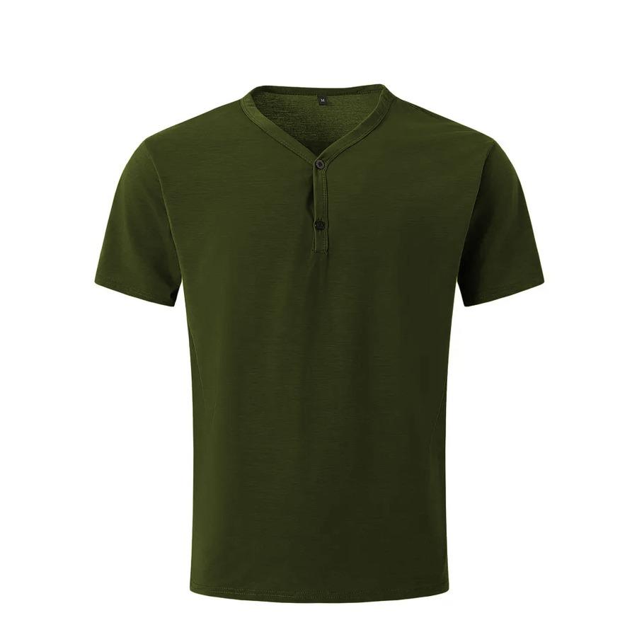 Solid Color V-neck Breathable Sweat Wicking Casual Sports Top Button Short Sleeved Men's T-shirts