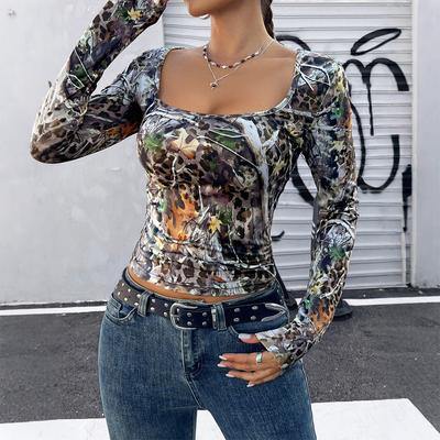 Damen Frühling Herbst Langarm Quadratischer Ausschnitt Freiliegender Bauchnabel Leopard Pullover T-Shirt Top