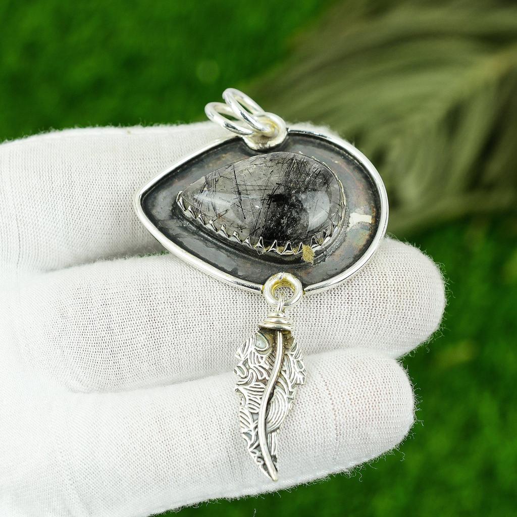Natural Black Rutile Gemstone Pendant 925 Sterling Silver Indian Jewelry