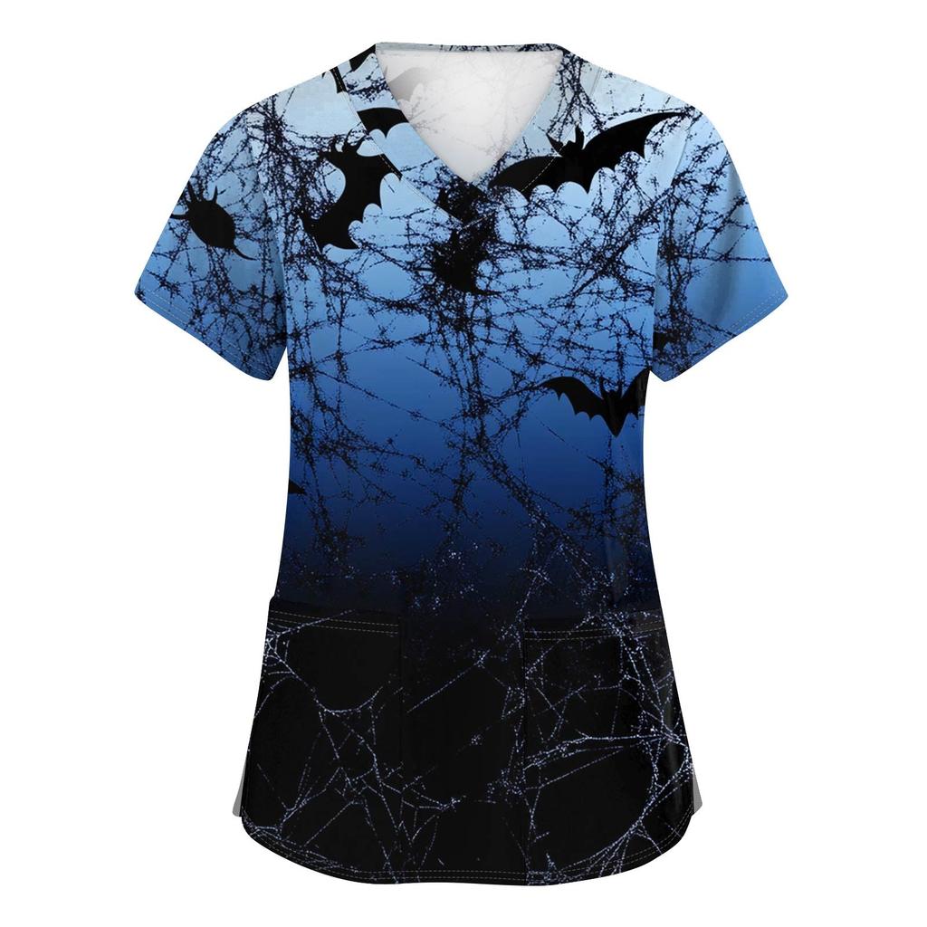 Women's Fashion V-neck Short-sleeved Work Uniform With Pockets, Halloween Print Top