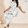 Women Plus Size Round Neck Short Sleeve Printed Side Slit Top Fitted Long Pants Two Piece Set