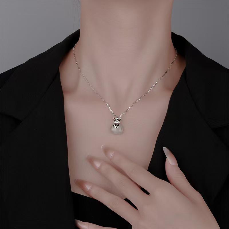 S925 Sterling Silver Chalcedony Necklace - Lucky Bag Design, Fashionable Clavicle Chain, Women's Versatile Chinese Style Holiday Gift