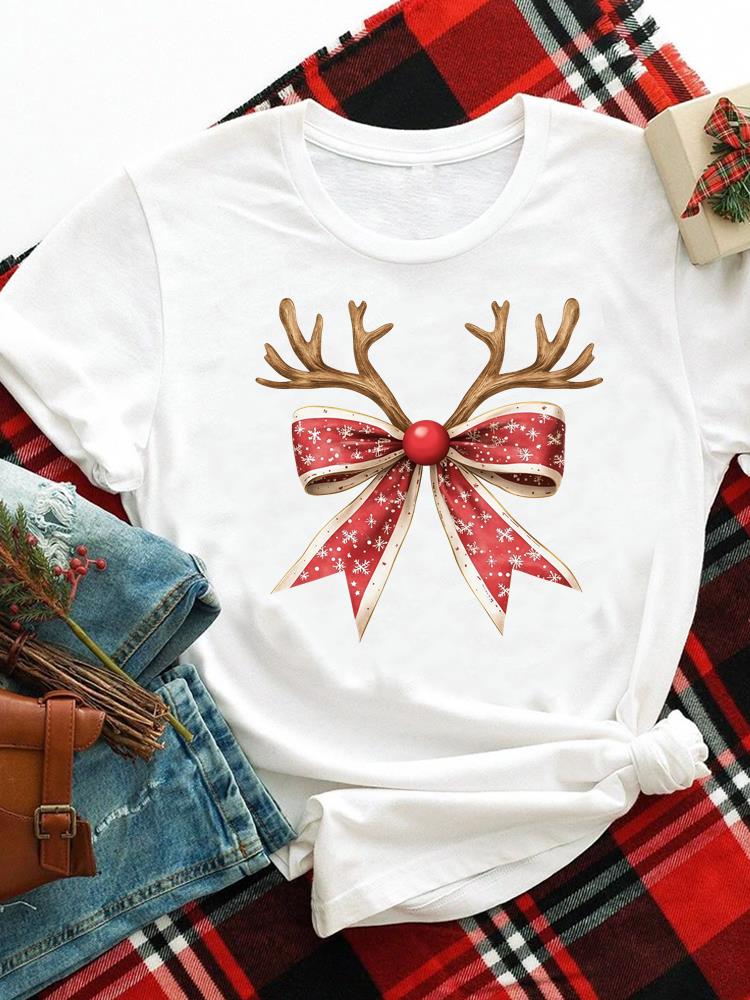 (Asian Size) merry Christmas new year o-neck Women's Top T Clothing Print bow style trend Short Sleeve T-shirts Fashion holiday Graphic Tee