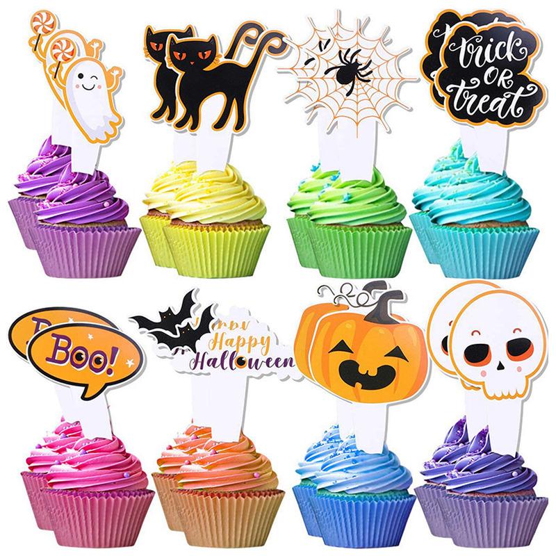 

16/48pcs Halloween Cupcake Toppers Cartoon Pumpkin Ghost Bat Cake Dessert Decoration Kids Halloween Birthday Party Supplies Gift 16pcs