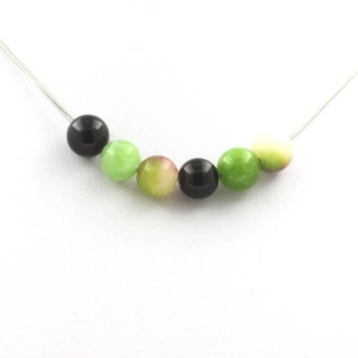 Collier perles Agate noire + Tourmaline melon d'eau + Péridot 8 mm - ABIJOUX - Enfant - Acier inoxydable