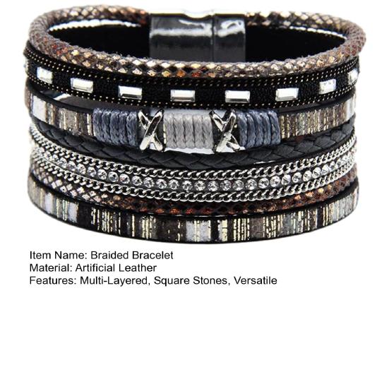 Geflochtenes Armband Mehrschichtig Bohemian Kunstlederseil mit quadratischen Steinen Perlen Boho Handgelenkzubehör