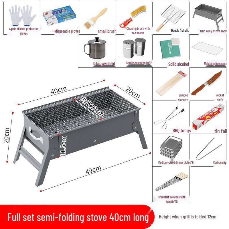 Tragbares faltbares Grillset: Verdickter Holzkohlerost für Picknicks im Freien