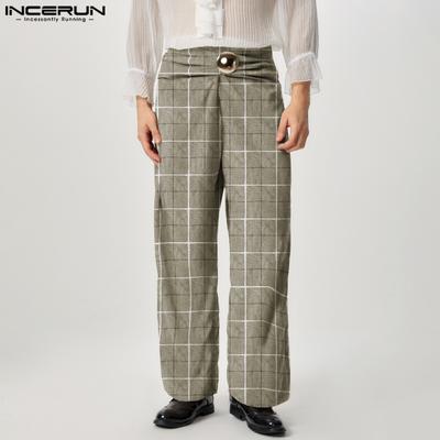 Men Side Zipper Twisted Waist Plaid Print Long Pants Wide Leg Trousers