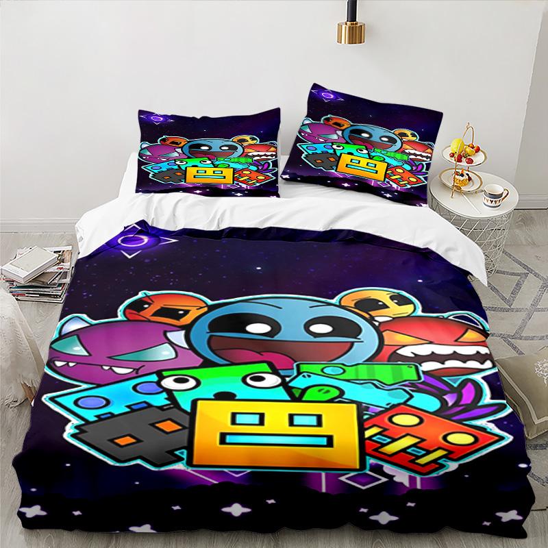 Set Biancheria da Letto 3 Pezzi Personaggi Colorati Geometry Dash, Ideale per 1 Copripiumino e 2 Federe Perfetto per Regalo Fan, Ideale per Camera da Letto, Dormitorio