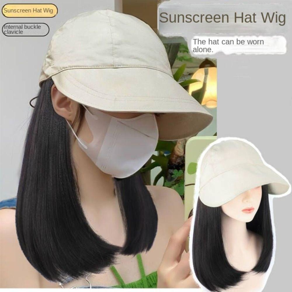 Bucket Hat Fisherman Hat with Wig Wide Brim Short Straight Hair Simple Women Sun Cap Wig  Travel