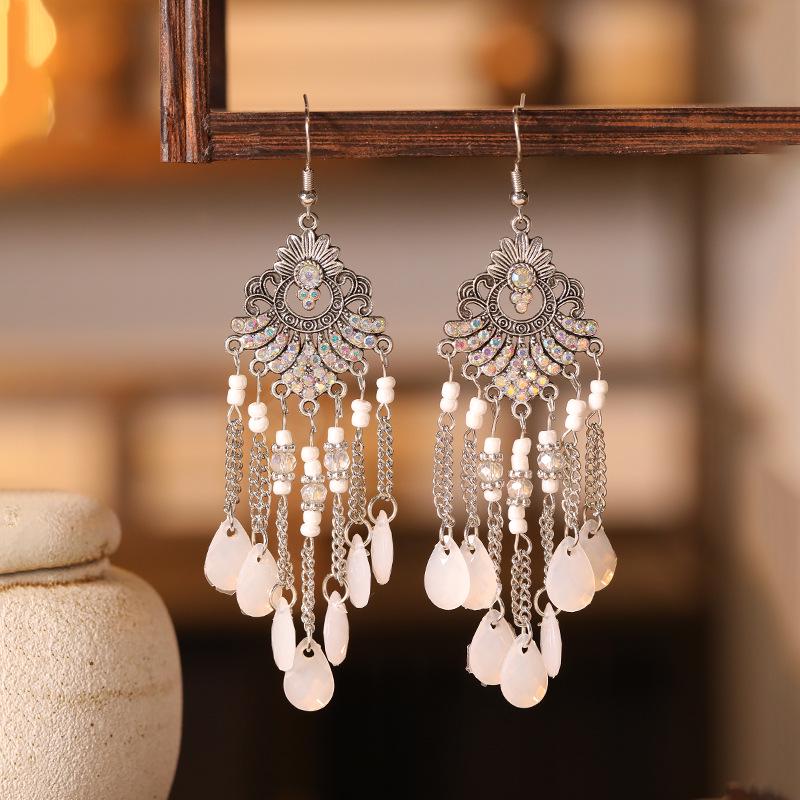 Bohemian Water Drop Rhinestone Earrings with Multi-Layer Beads - Retro Fan-Shaped Dangle Design