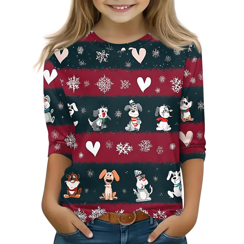 Christmas Children's 3/4 Sleeve Tops Casual  Printed Daily T Shirt Round Neck Pullover Blouse