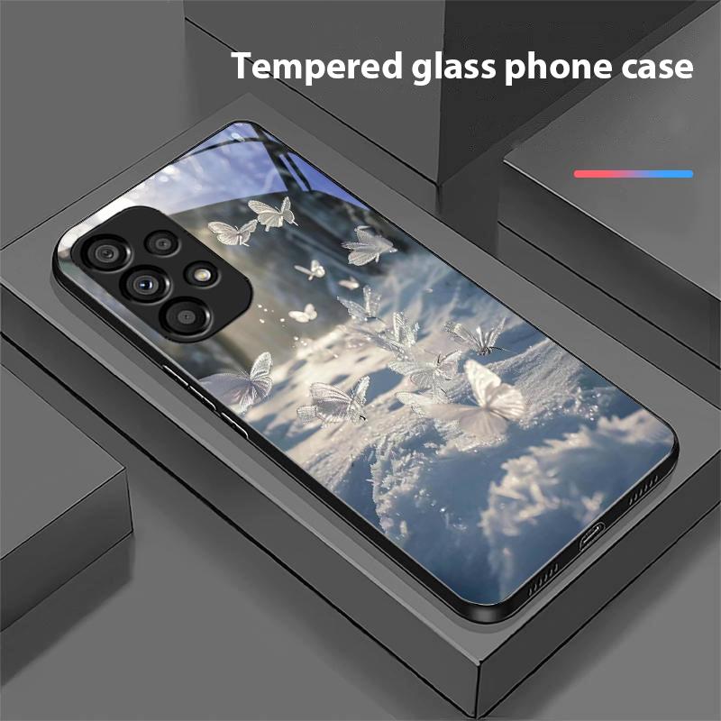 Borboleta Branca Para Samsung Galaxy S10 20 Plus 21 FE 22 23 24 FE 25 Ultra Capa de Celular de Vidro Temperado Preta Capa Dura