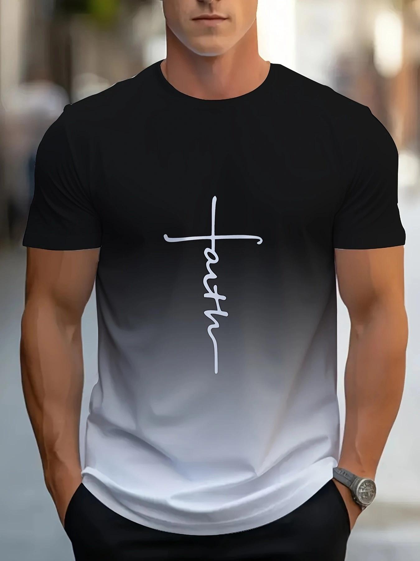 Men s Gradient ;Faith; Letter Print T-Shirt - Casual Crew XXL дубильная кора