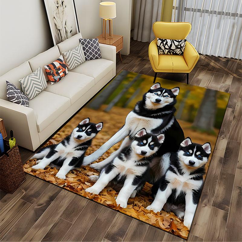 Husky Family in Autumn Forest suitable as a non-slip mat for the living room or bedroom sofa