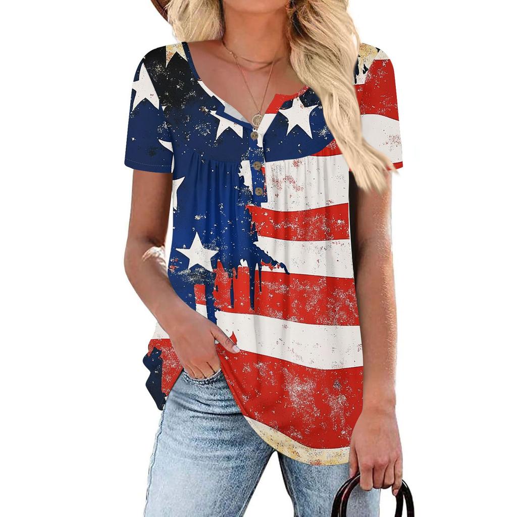 Women Tunic Tops Dressy Casual Summer Short Sleeve Shirts Loose Fit Pleated Boho Top Independence Day