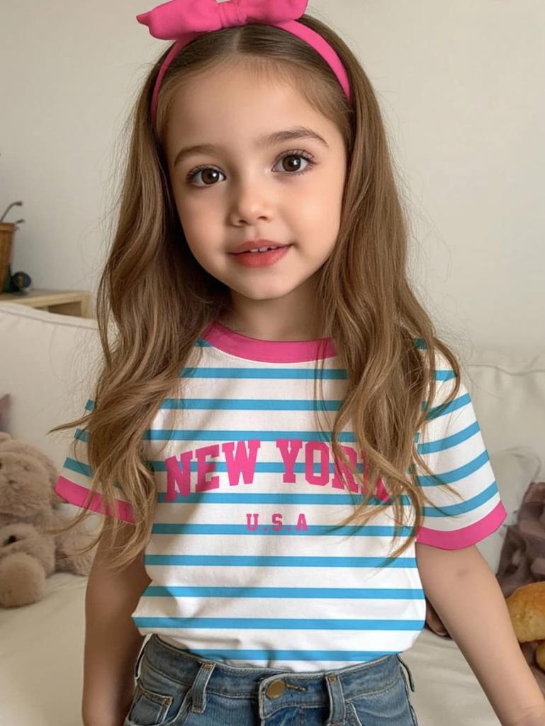 Girls T-Shirts Strawberry Sequin 3D Printed Summer Short Sleeve Tee Stripe Round Neck Loose Tops Streetwear Children's Clothing
