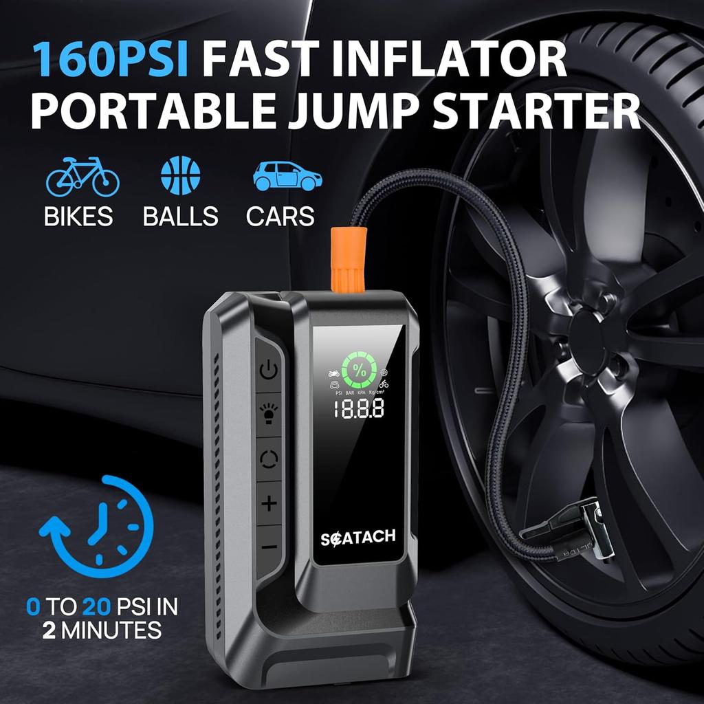 Q16 5000A Car Jump Starter with Air Compressor, 150PSI, QC3.0, Large Display, 3-in-1 Flashlight, Jumper Cables