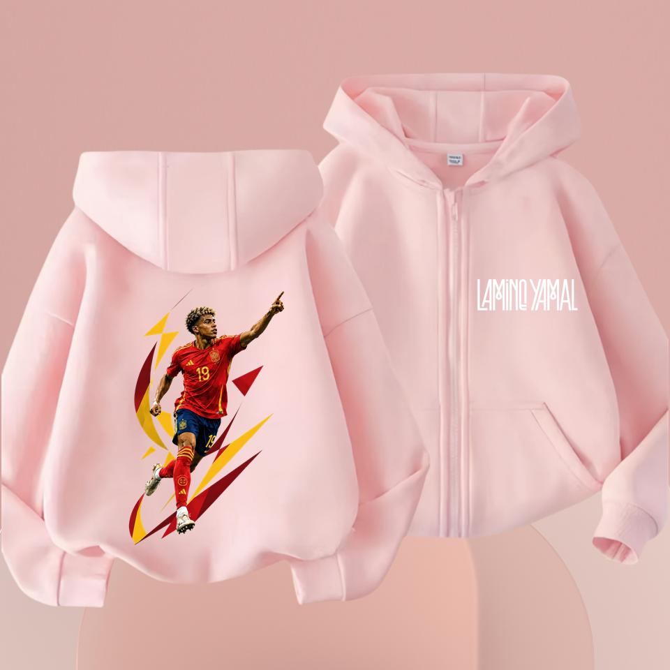 Kids Lamine Yamal Zip Up Hoodie, Boys Football Star Portrait Graphic Front Back Print Hooded Jacket, Casual Sports Sweatshirt