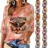 Women's Stylish V-Neck Halloween Print Three-Quarter Sleeve Casual Top for Party