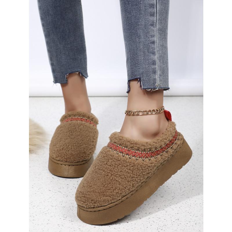 Thick Soles Wear Winter Headscarf Half Slippers, New Ethnic Style Lace Wool Semi-support Snow Cotton Slippers