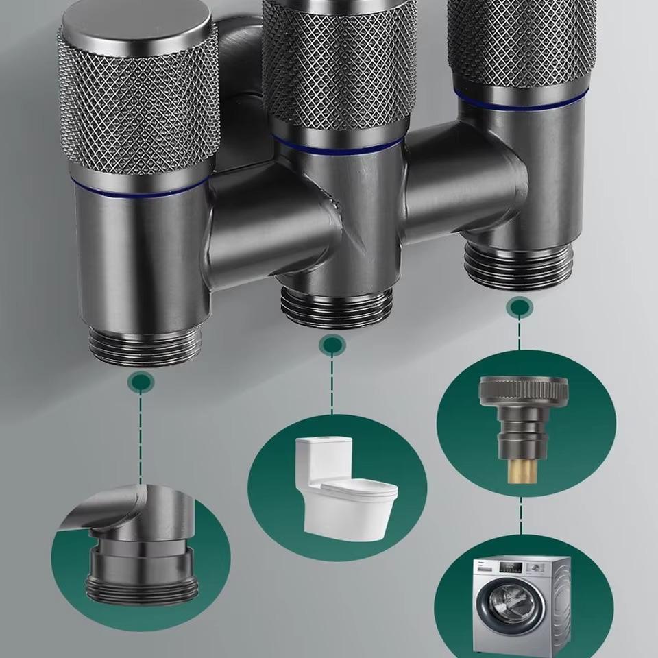 Aluminum Alloy 3 Way One-in Three-out Angle Valve for Bathroom Toilet Washing Machine Balcony Three Head Water Tap Bathroom Fittings