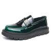 Men's Round Toe Casual Leather Shoes, Black Patent Leather, Thick Sole, Business and Daily Wear