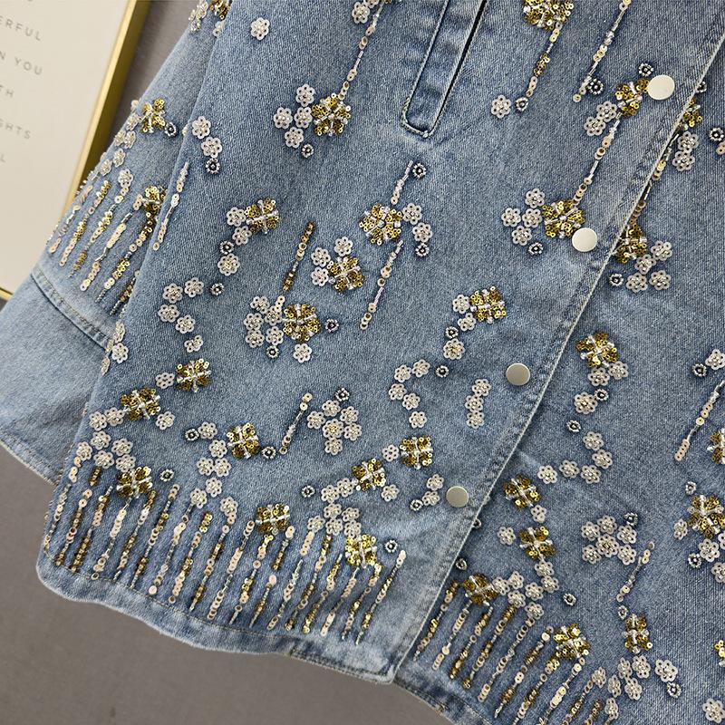 Heavy industry sequined denim jacket women's autumn new loose and thin ins European goods do old long-sleeved jacket trend