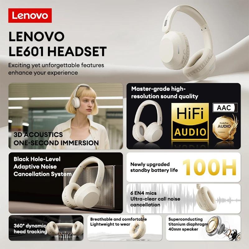 Origina Lenovo LE601 Gaming Headset Over-Ear Wireless Bluetooth 6.0 Headphones IMAX-level 360° Stereo Sound Long Endurance Foldable