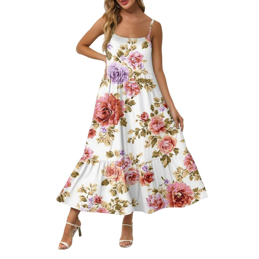 Women's Long Beach Casual Elegant Spaghetti Strap Maxi Dress Stitching Low-key Flowing Bohemian Dress