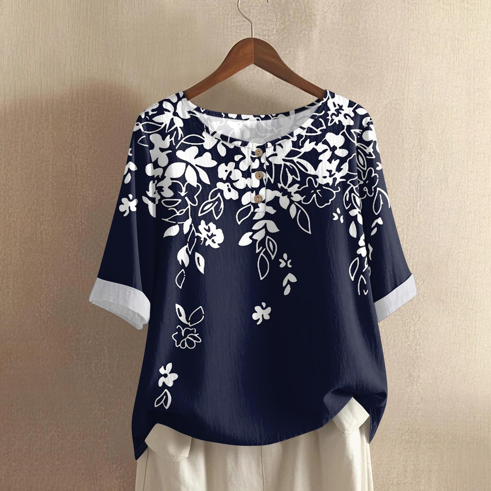 

Женская модная и повседневная рубашка с полурукавом, круглым вырезом, принтом, из хлопка и льна, блузка-топ S