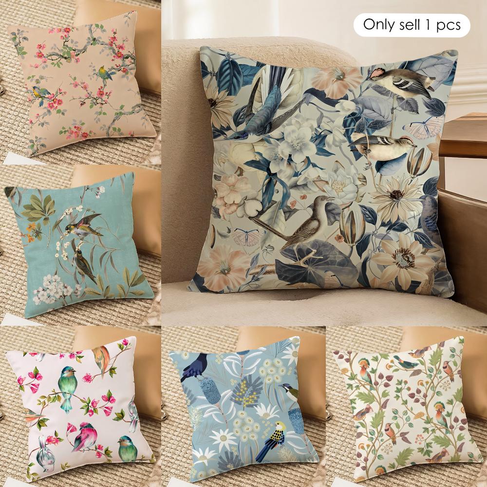 Lovely Bird Retro Cushion Cover Silky Short Plush Invisible Zipper Dustproof Sofa Pillow Case For Home Decor