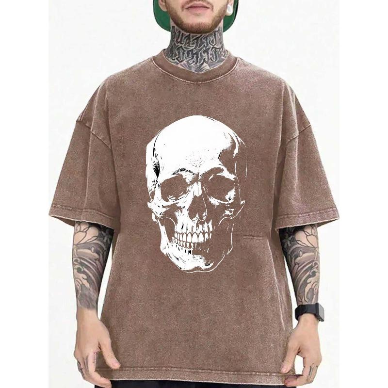 Men'S Oversized Vintage Washed T-Shirt with Skull Graphic - Soft & Breathable Relaxed Fit Short Sleeve Crew Neck Tee, Streetwear Casual Everyday