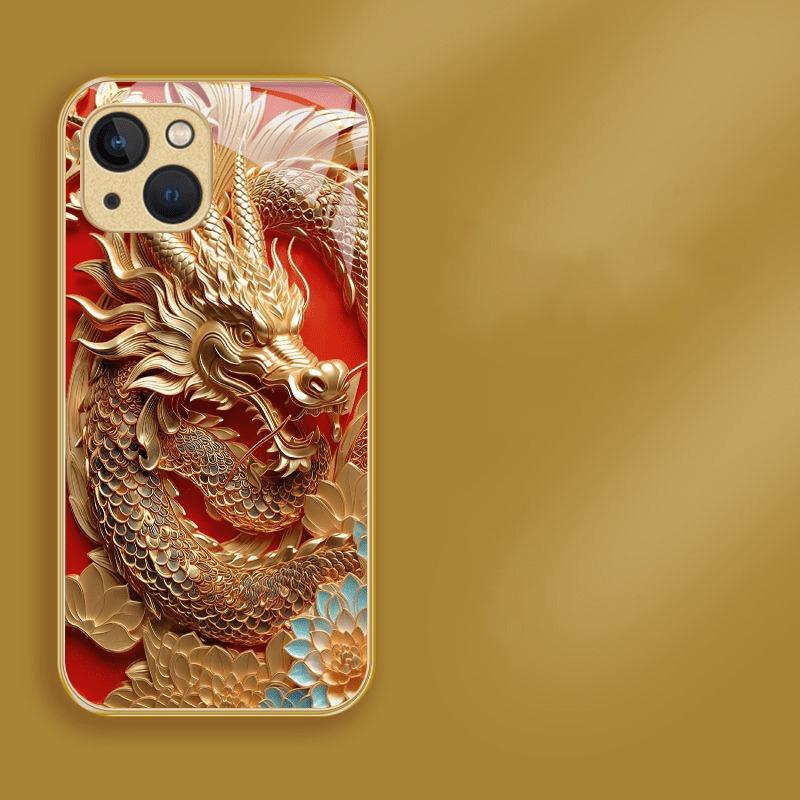Gouden Draak Print Goud Metallic Verf Glazen Telefoonhoesje Voor iPhone 17 16 15 14 13 12 11 Pro Max 15 14 Plus 17 Air 16E Cover