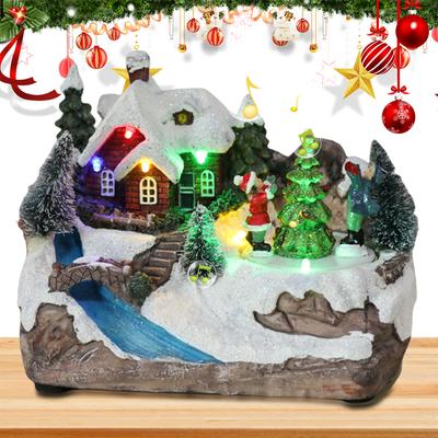 Weihnachtshaus-Dekoration mit LED-Lichtern, rotierende Musikstatue aus Kunstharz, Schneehaus-Ornamente, Weihnachts-Desktop-Dekoration, Geschenke