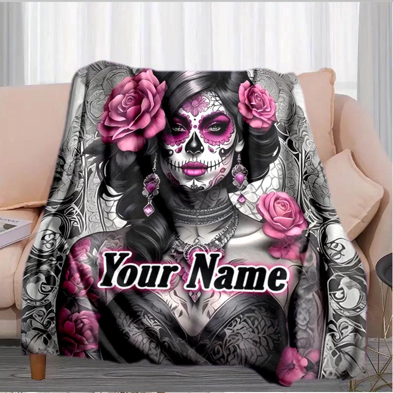 1PC Custom Name Day Dead Art outdooor Flannel blankets Throw Blanket All-Season Throw Gift Bedspread for Couch, Bed, Camping Holiday Birthday gift