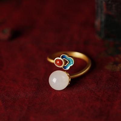 925 Sterling Silver Open Ring Ancient Gilded Natural Hetian Jade Enamel Chinese Style Women Fashion Jewelry